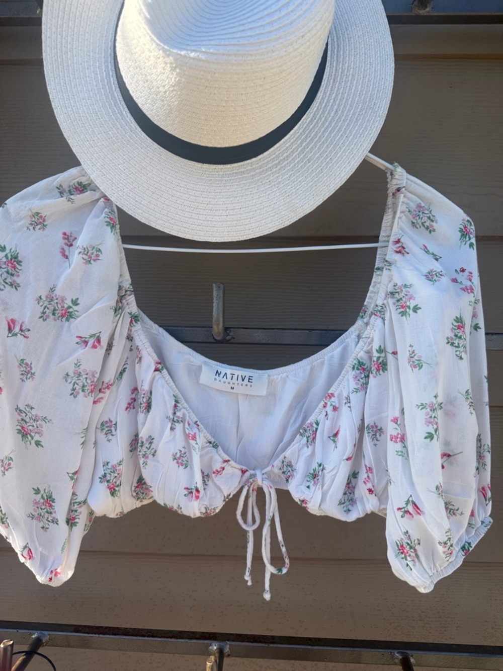 Native Daughters Romantic White Peasant Lined Crop Top w/ Pink Floral Print "M"